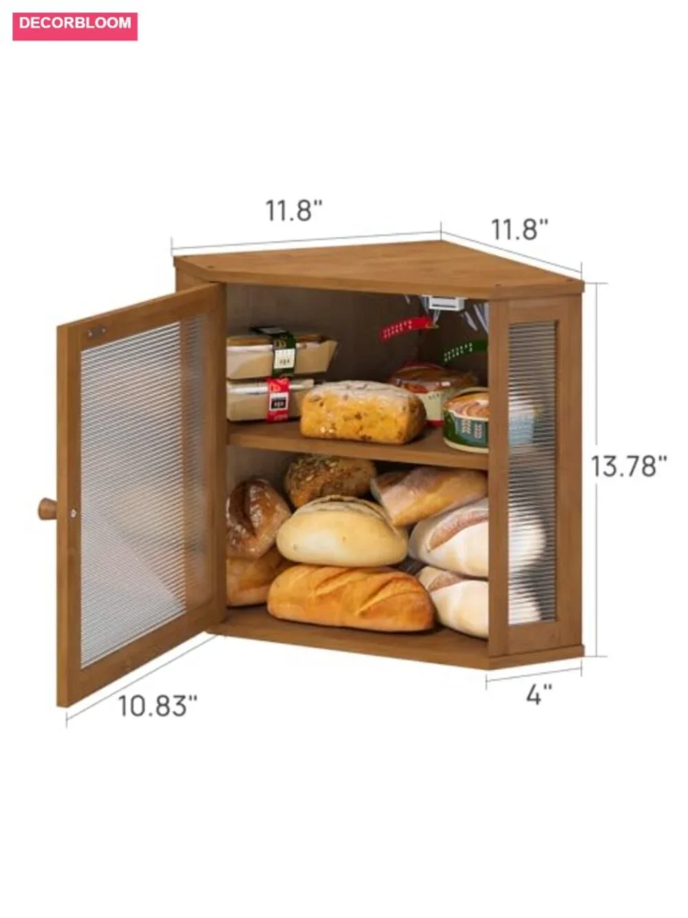 Corner Bread Box Large Capacity Bamboo Wood Kitchen Counter Storage with
